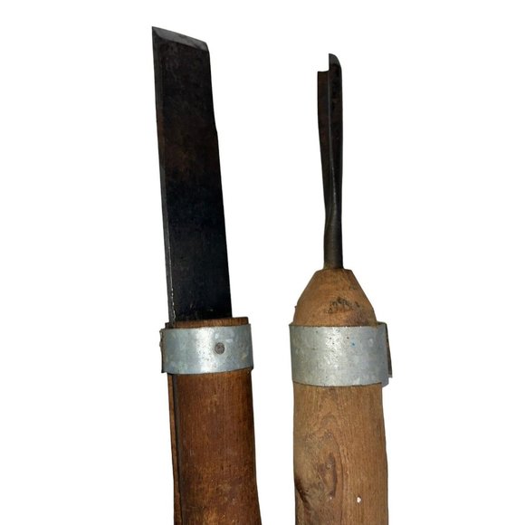 2 Antique Primitive Woodworking Wood Lathe Chisel Tools 12" & 16" User or Decor - Picture 3 of 9